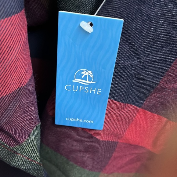 Cupshe Red Green Plaid Long Sleeve Shift Dress NWT - Picture 6 of 14